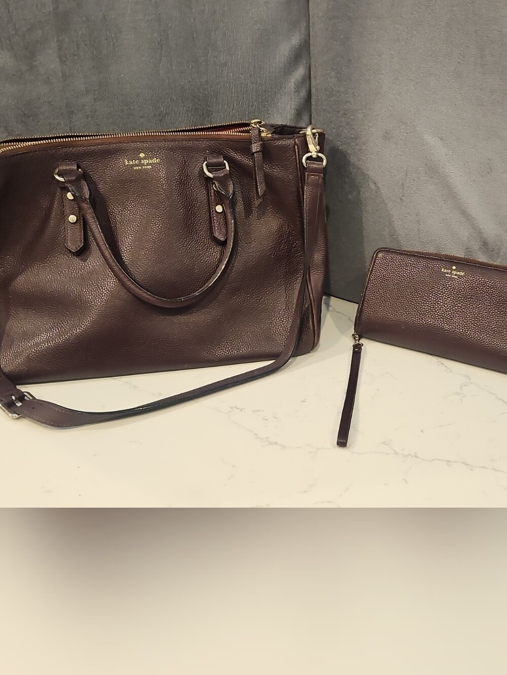 kate spade Pebbled Leather Shoulder Tote and Zip Wallet in Dark Brown